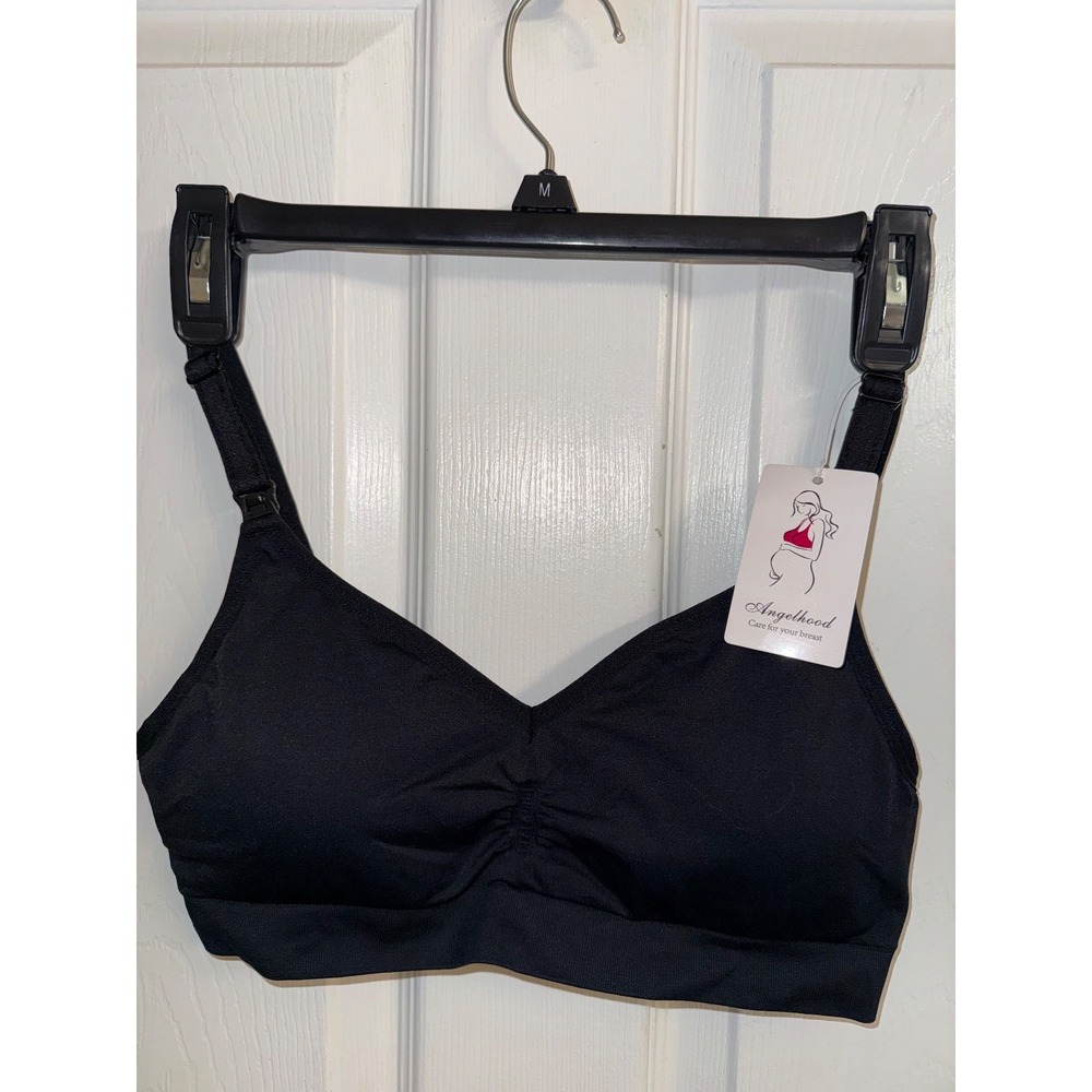 NWT Angelhood Nursing & Maternity Bra Lightly Padded Seamless Black Comfort SZ M